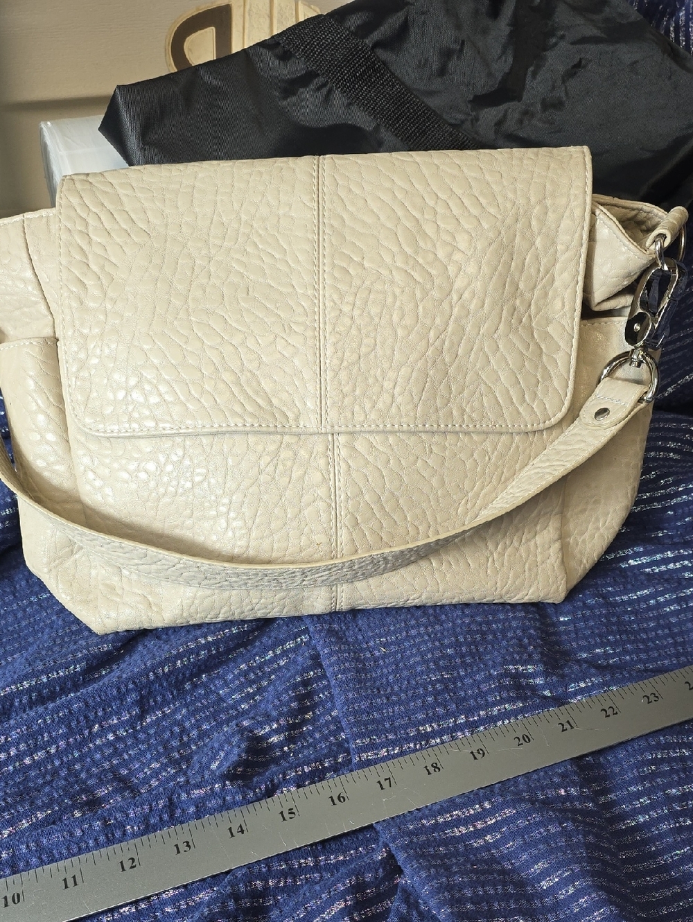 Textured Cream Leather Shoulder Bag with Flap